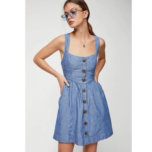 Free People Light Blue Button-Down Mini Dress - Picture 1 of 8